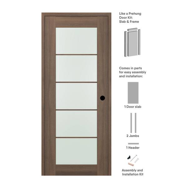 Belldinni 32 in. x 80 in. Vona Left-Hand Solid Composite Core 5-Lite Frosted Glass Pecan Nutwood Wood Single Prehung Interior Door