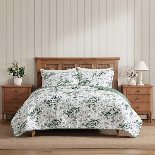 Toile Delight 3-Piece Deep Green/White Cotton Full/Queen Quilt Set