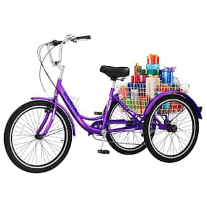 Tricycle 24 in., 3 Wheel 7 Speed Bikes Cruise Trike with Shopping Basket for Adult Tricycle