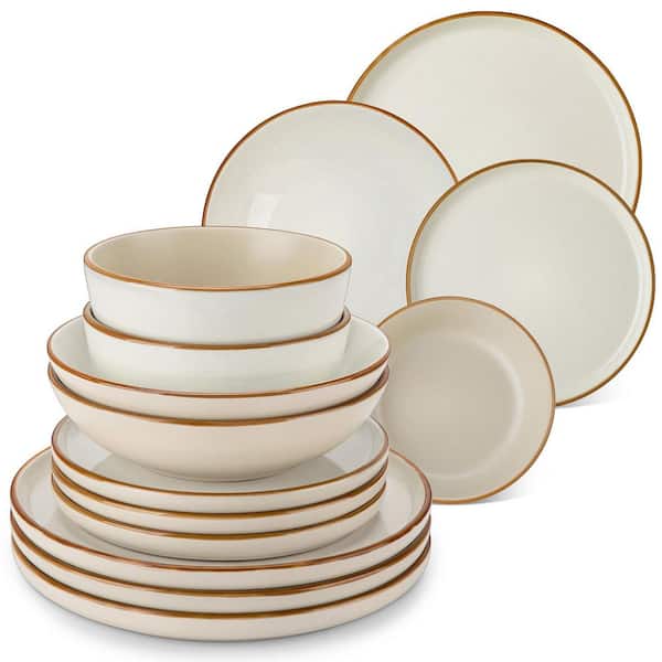 16-Piece Beige Stoneware Dinnerware Set Service for 4 Dining Set with Dinner Plates Dessert Plates Pasta Bowls and Bowls