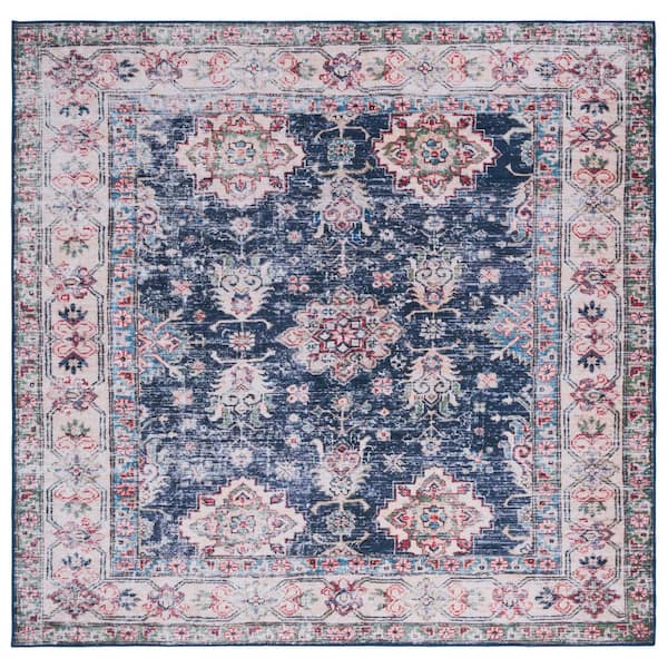 SAFAVIEH Tucson Navy/Beige 6 ft. x 6 ft. Machine Washable Floral Border Distressed Geometric Square Area Rug