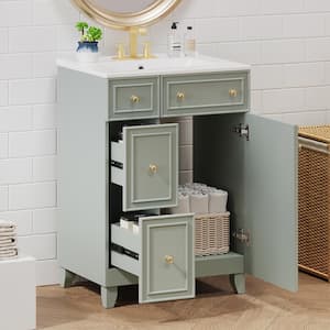 24in.W x 18.3 in.D x 34.3 in.H Green Bathroom Vanity Cabinet Freestanding,2 Drawers, 1 Door,Top Ceramic with White Basin