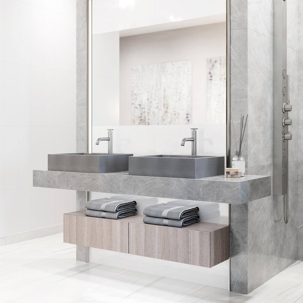 Gray Concrete Rectangular Vessel Sink with Brushed Nickel Faucet