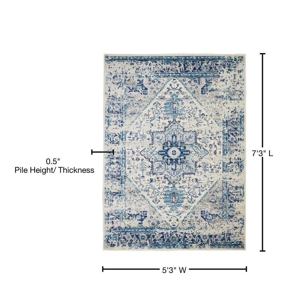 Ivory and Navy Synthetic 5' x 7' Rectangular Area Rug