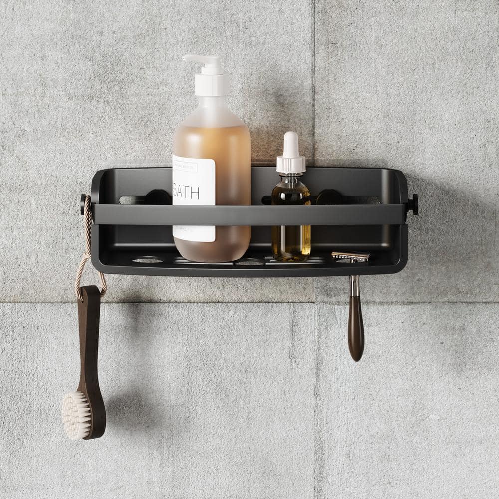 Black Plastic Suction Mount Shower Caddy with Adhesive Strips