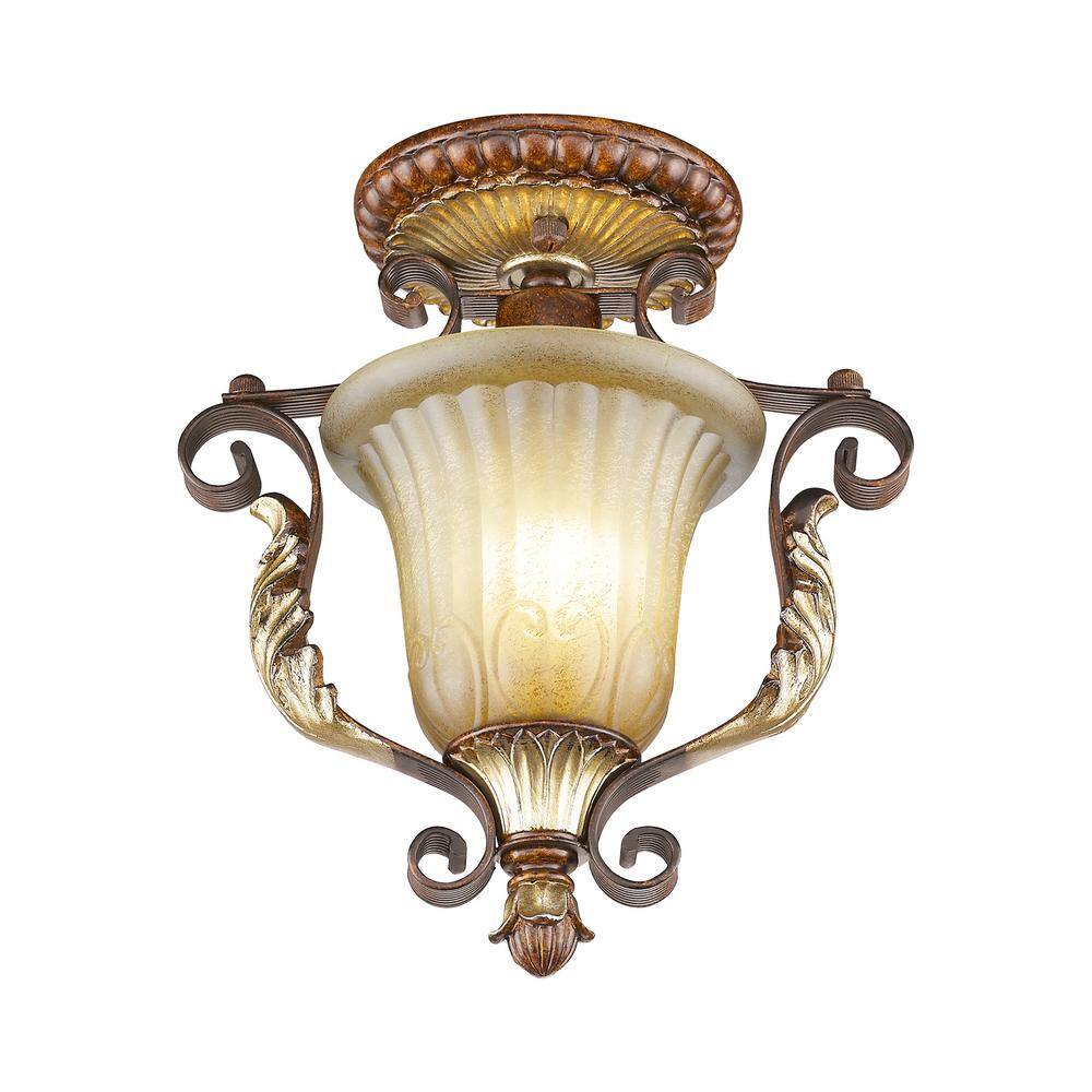 Verona Bronze and Gold Leaf Rustic Glass Semi-Flush Mount