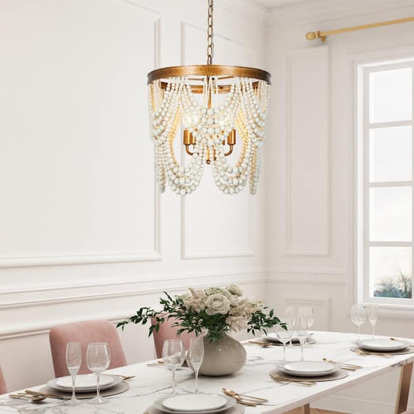 Modern Farmhouse Empire Beaded Chandelier Light, 4-Light Transitional Boho Candlestick Chandelier with White Wood Beads
