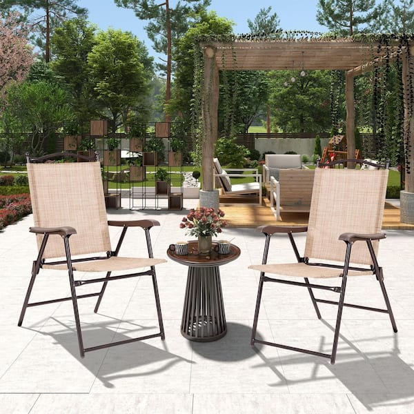 Patio Folding Sling Outdoor Dining Chair in Beige with Durable Steel Frame and Weather-Resistant Textile Fabric Set of 2