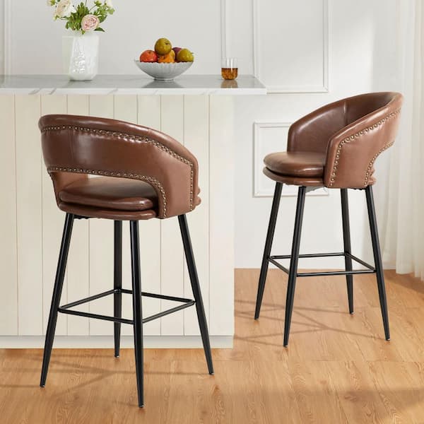 Seat Height 30 in. H Modern Brown Leatherette Bar Stool with Nailhead Trim and Thick Metal Tapered Legs（Set of 2）