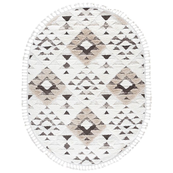 Moroccan Tassel Shag 6 ft. x 8 ft. Oval Ivory/Brown High-Low Geometric Fringe Area Rug