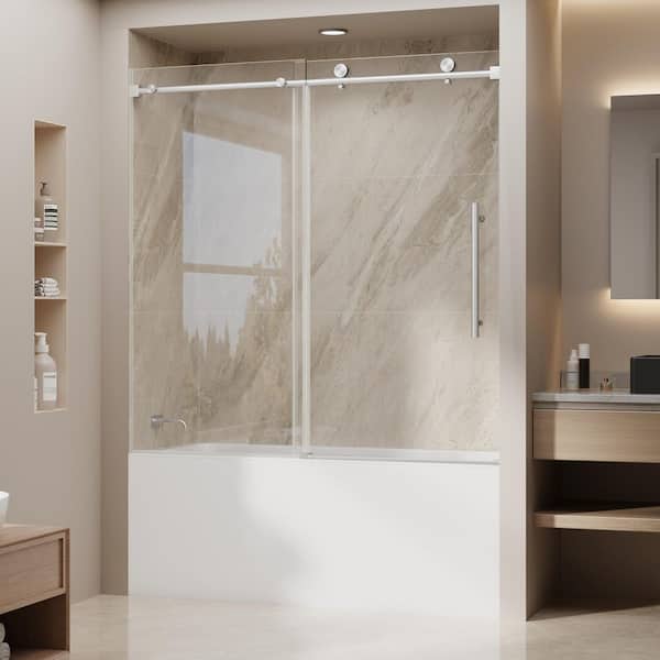 55-60 in. W x 60 in. H Sliding Frameless Tub Door in Brushed Nickel with 1/4 in. Clear Glass
