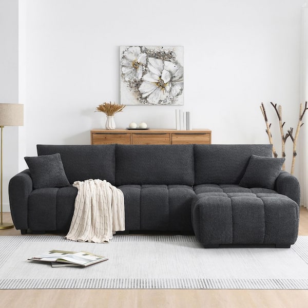 110 in. W Boucle Fabric Modular Sectional Sofa in. Black-Gray with Movable Ottoman and Extra-Large Seat