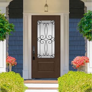 Regency 36 in. x 80 in. 3/4-Lite Georgian Decorative Glass LHOS Hickory Mahogany Fiberglass Prehung Front Door