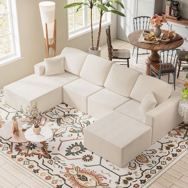 126 in. Square Arm Corduroy U-Shaped Modular Sectional Sofa in. Beige with Ottomans, No Assembly Required