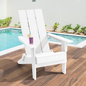 HIPS Foldable Adirondack Chair, Weather Resistant Wood-Grain Finish Chair With Wide Backrest, White