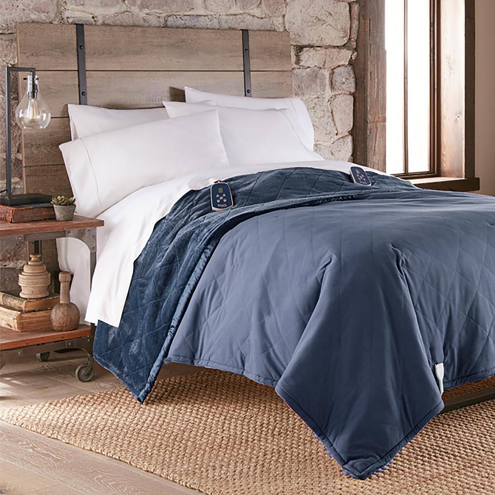 Twin Blue Polyester Electric Heated Blanket with Satin Hem