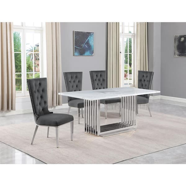 Best Quality Furniture Lisa 5-Piece Rectangular White Marble Top Chrome Base Dining Set with Dark Gray Velvet Chairs Seats 4