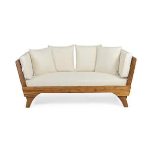 Brown Acacia Wood Outdoor Couch with Beige Cushions