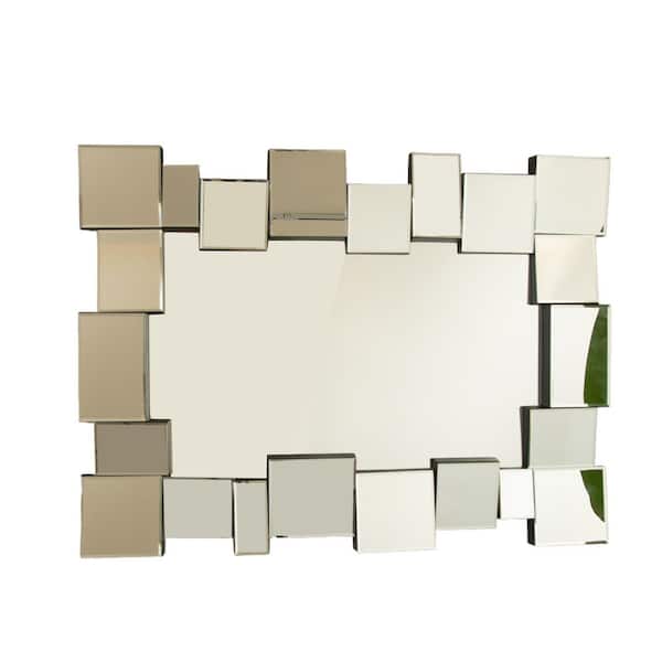 Modern 39.13 in. W x 29.13 in. H Rectangular Framed Wall Bathroom Vanity Mirror with Geometric Mirrored Frame in Silver