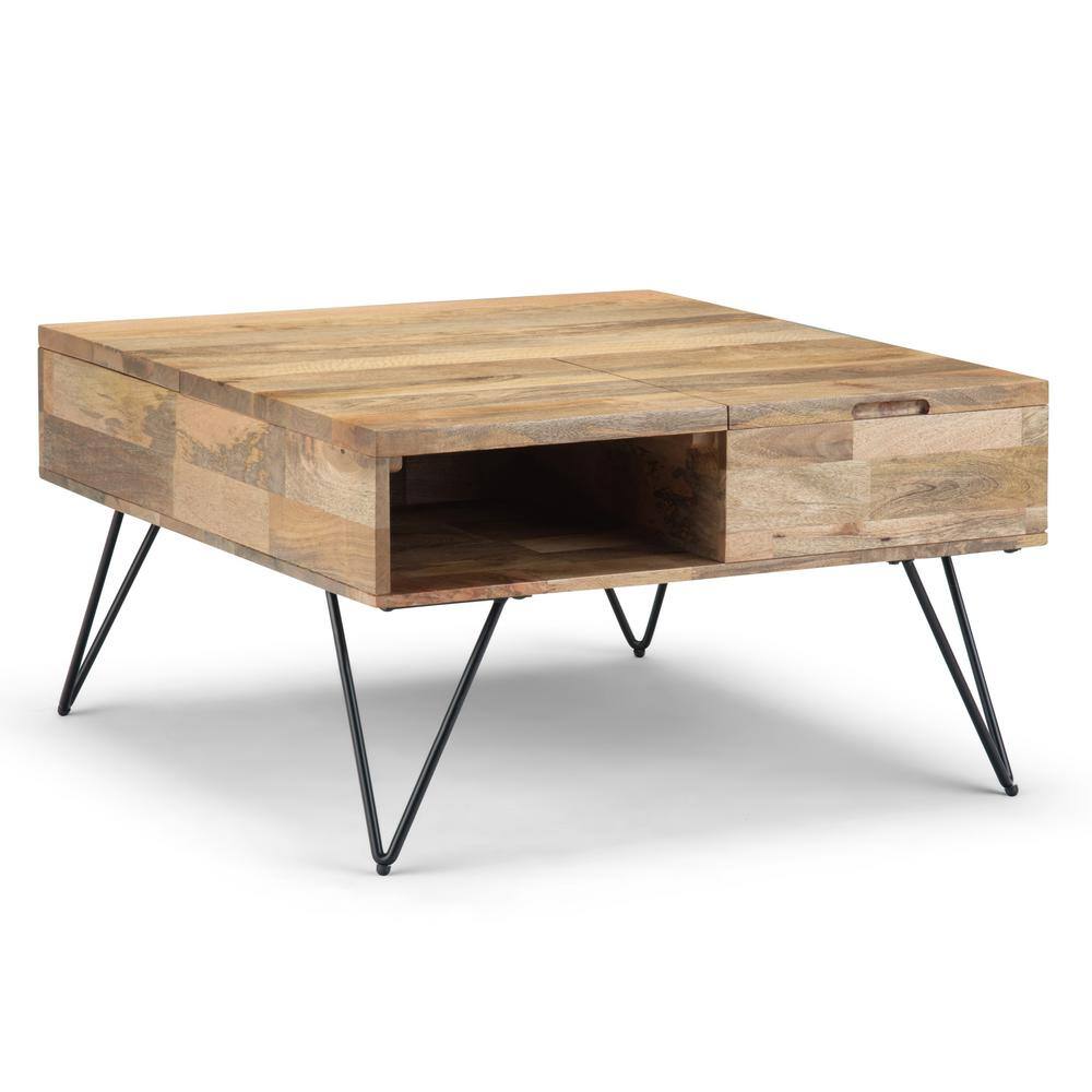 Natural Mango Wood Square Lift-Top Coffee Table with Storage