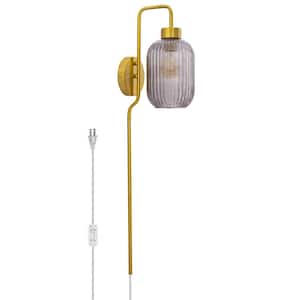 Harlow 8.625 in. Brushed Gold-Colored Wall Sconce with Smoky Purple Globe-Shaped Glass Shade