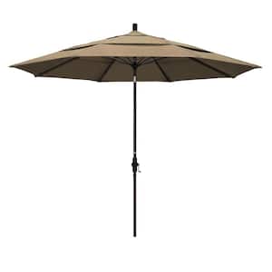 11 ft. Bronze Aluminum Pole Market Fiberglass Collar Tilt Crank Lift Outdoor Patio Umbrella in Heather Beige Sunbrella