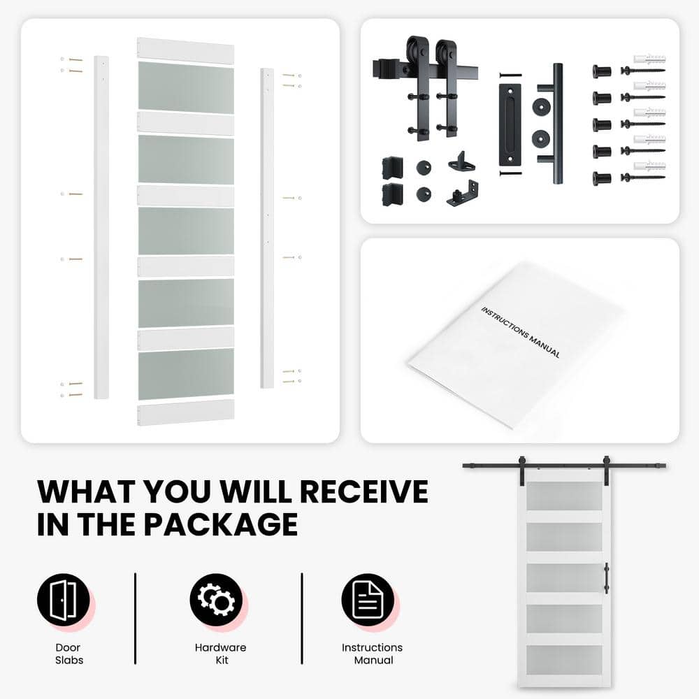 White Frosted Glass Paneled MDF Barn Door Kit with Matte Black Hardware