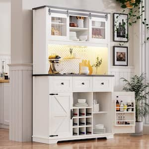 White and Oak Kitchen Pantry Organizer, Cupboard with 3-Drawers, Power Outlet, Pegboard, Wine and Glasses Rack