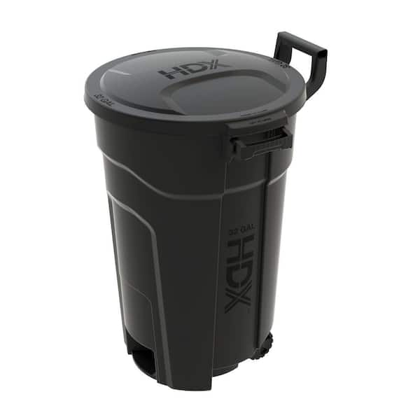 32 Gal. Black Outdoor Vented Trash Can with Wheels, Domed Lid, Rounded Handles, and Reinforced Foothold