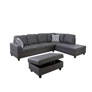 74.5in. W Square Arm 3-Piece Faux Leather L Shaped Sectional Sofa in Gray with Ottoman