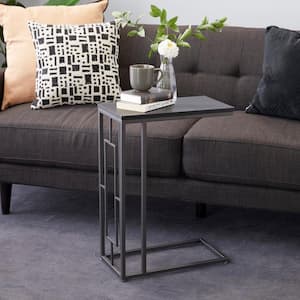 10 in. Black C-Shaped Large Rectangle Wood End Table with Black Metal Base