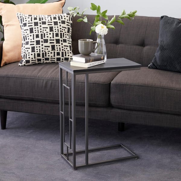 Litton Lane 10 in. Black C-Shaped Large Rectangle Wood End Table with Black Metal Base