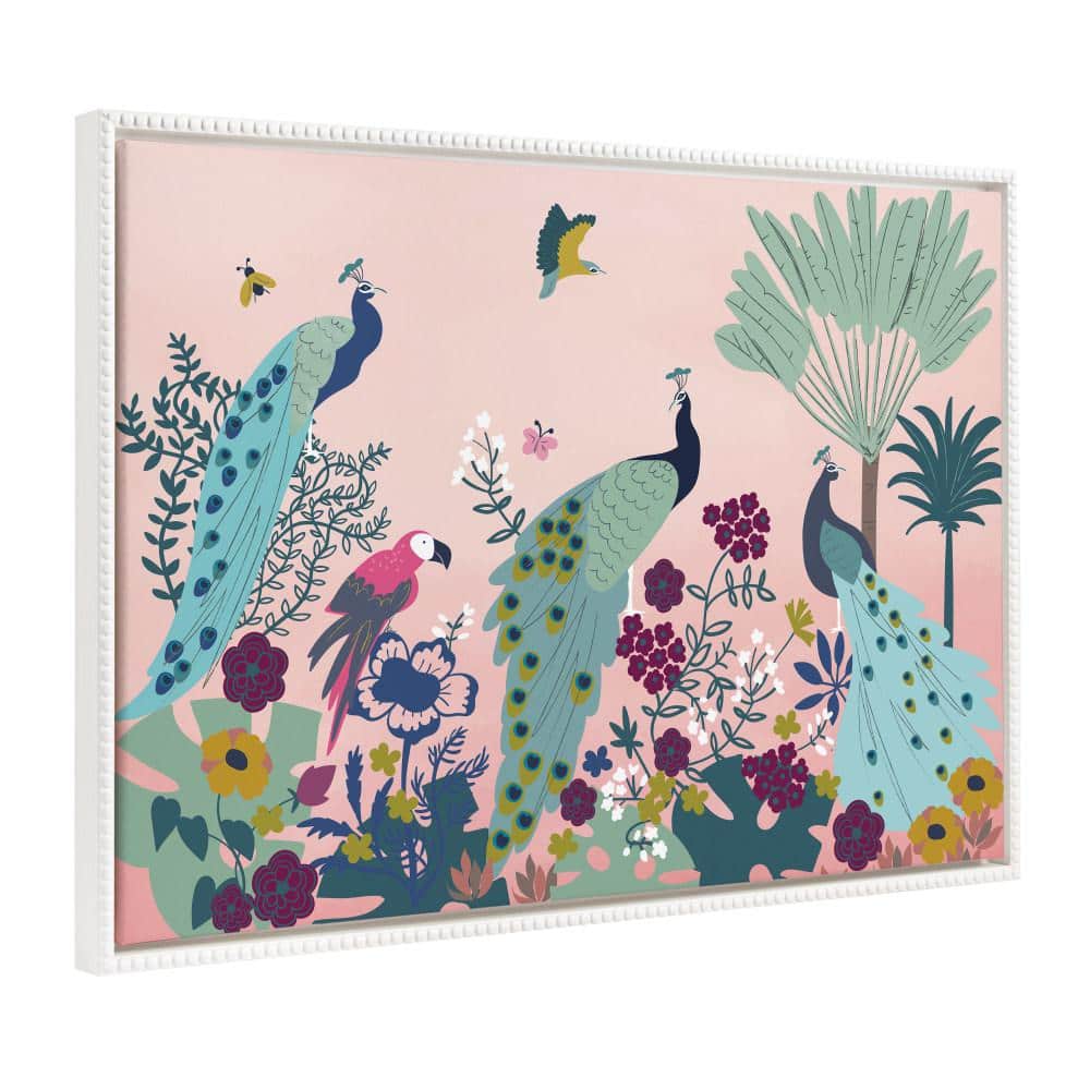 Colorful Peacock and Bird Illustration on White Framed Canvas, 28 x 38