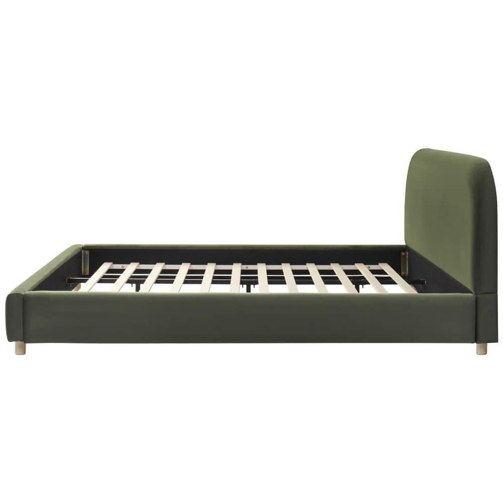 Solara Olive Green Wood Frame King Size Upholstered Platform Bed with Curve-Shaped Design Headboard - thumbnail 2