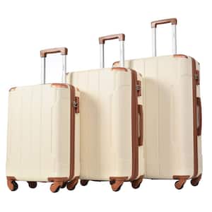 White and Brown 3-Piece Expandable ABS Hardshell Spinner Luggage Set with TSA Lock and Reinforced Corner Bumpers