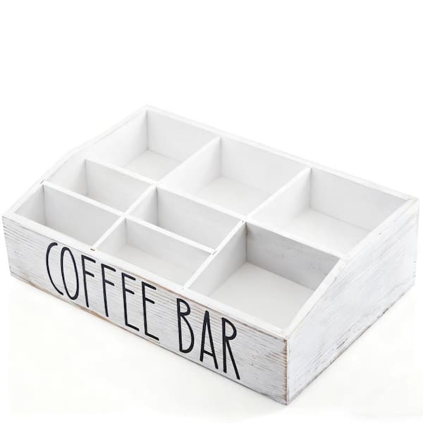 158.12 oz. White Wood Coffee Station Organizer for Countertop, Condiment Racks 7 Compartments with Removable Dividers