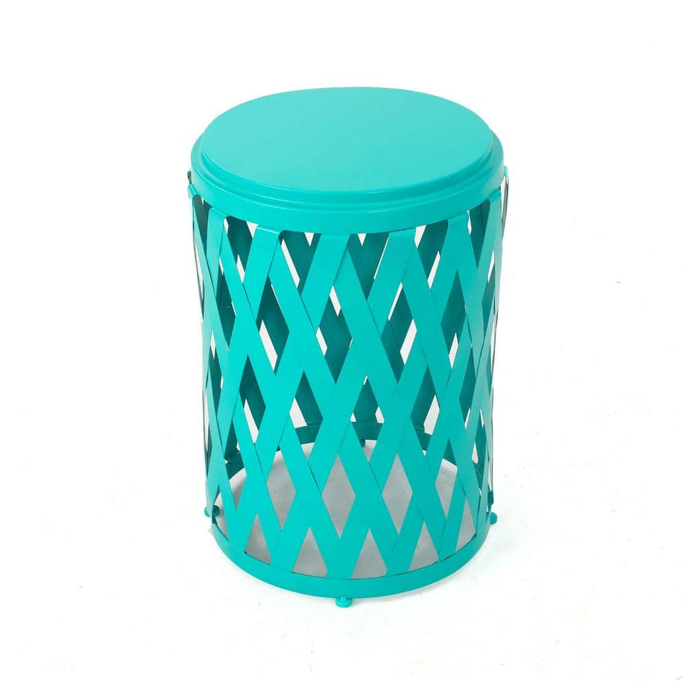 Teal Color Round Iron Outdoor Side Table, for Garden, Deck, Backyard