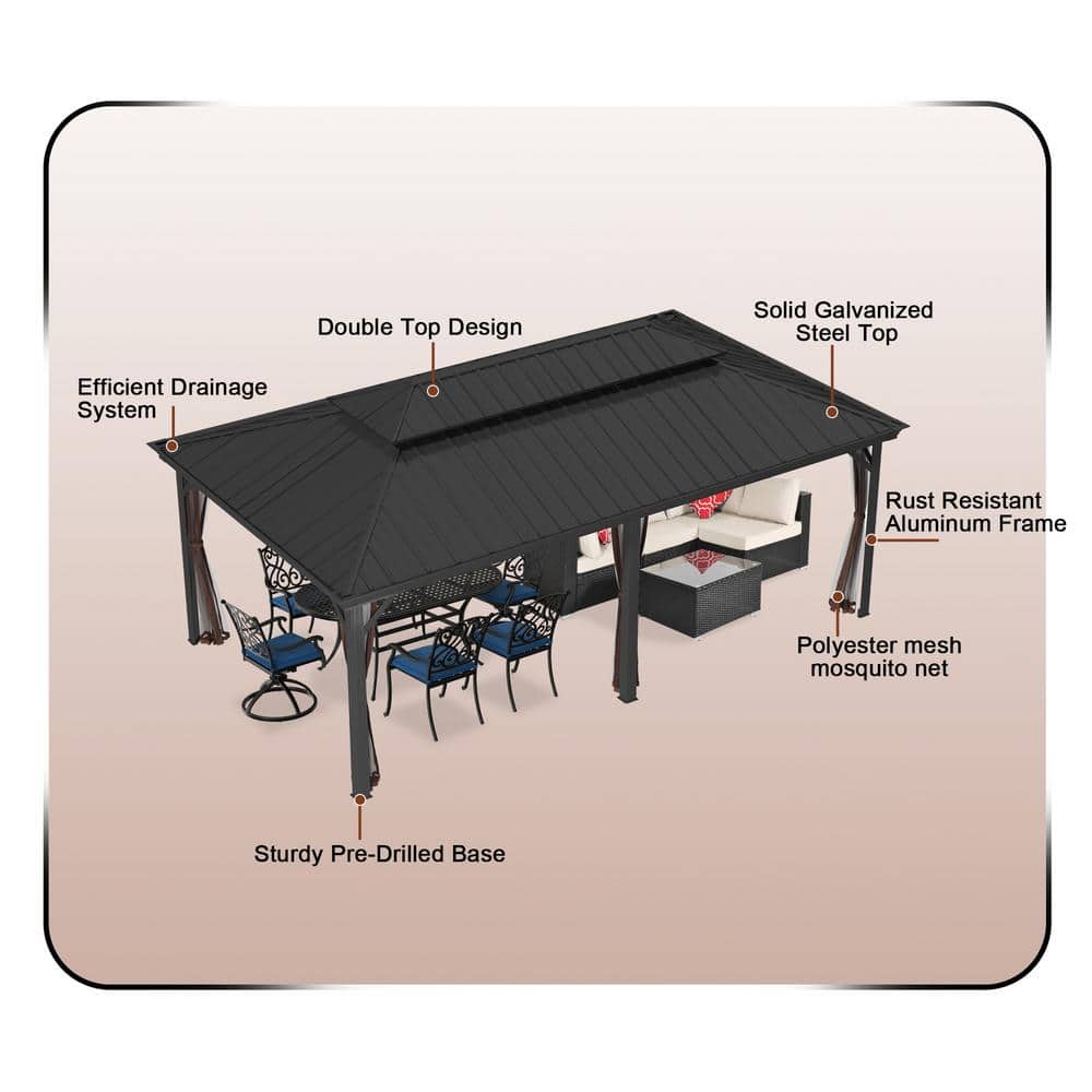 12'x20' Black Aluminum Frame Hardtop Gazebo with Nettings