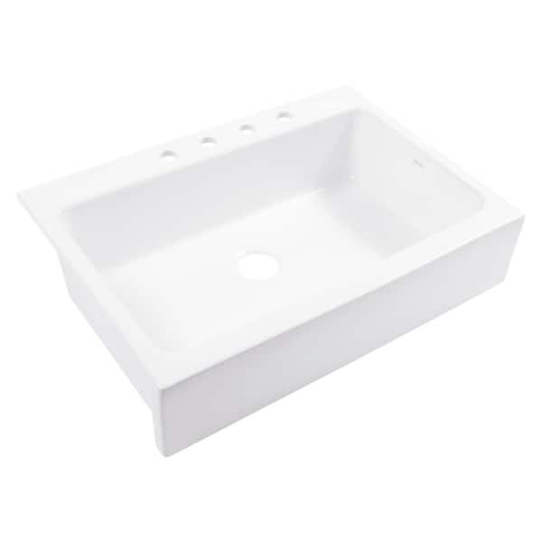 Parker 34 in. 4-Hole Quick-Fit Farmhouse/Apron-Front Drop-In Single Bowl Crisp White Fireclay Kitchen Sink