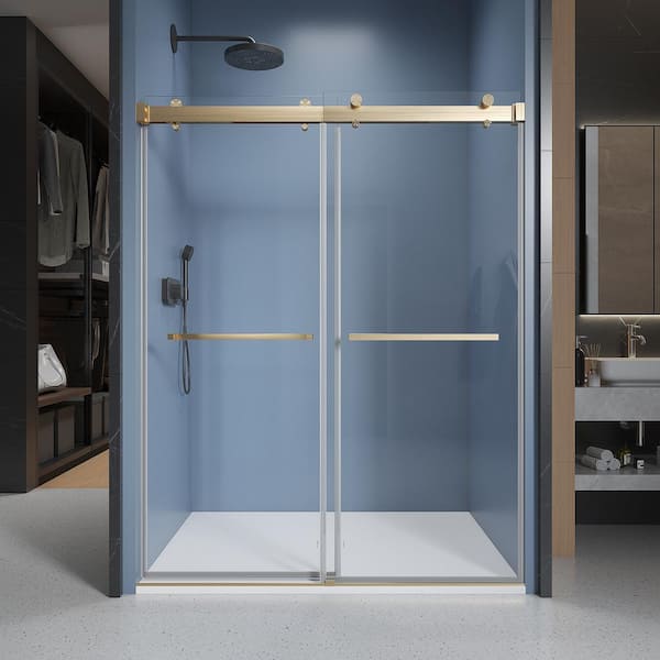 ANGELES HOME 50-54 in. W x 76 in. H Frameless Double Sliding Soft Close Shower Door in Brushed Gold with 3/8 in.(10 mm)Clear Glass
