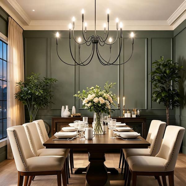 47.2 in. 12-Light Matte Black Large Island Candlestick Chandelier 2-Tier Hanging Light for Living Room Dining Room Foyer