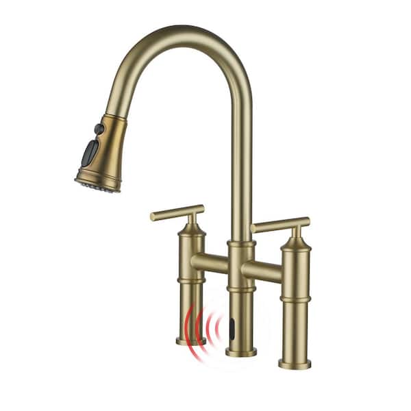 CASAINC Double Handle Pull-Out Sprayer Bridge Kitchen Faucet with Infrared Sensor in Brushed Gold