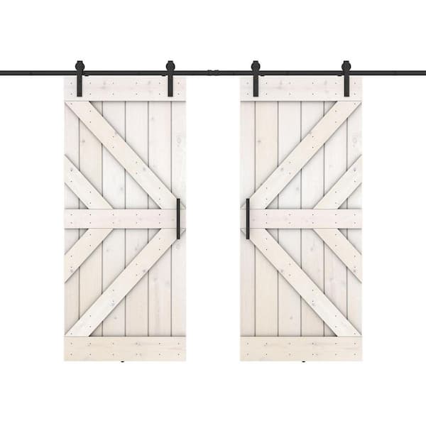 Dessliy Double KR 48 in. x 84 in. White Finished Pine Wood Sliding Barn Door with Hardware Kit (DIY)