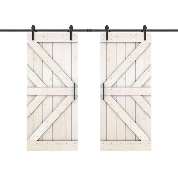 Dessliy Double KR 48 in. x 84 in. Fully Set Up White Finished Pine Wood Sliding Barn Door with Hardware Kit
