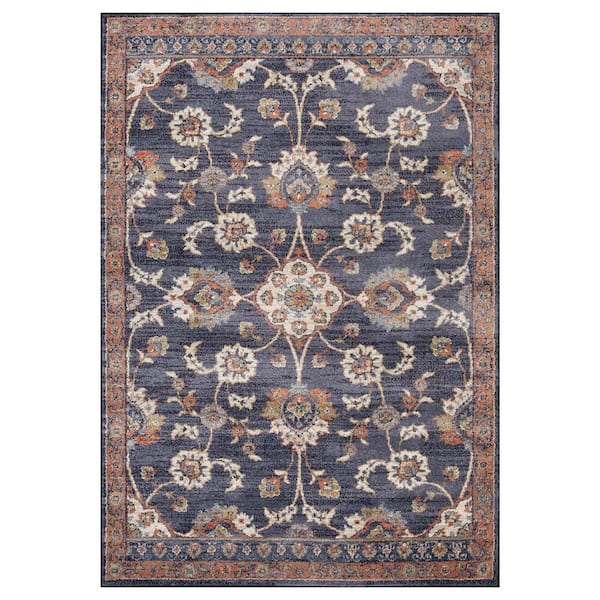 Amer Rugs Jordan 2 ft. 7 in.  x  10 in. Navy Blue Floral Pattern Runner Rug for High Traffic Entryway Kitchen Hallway