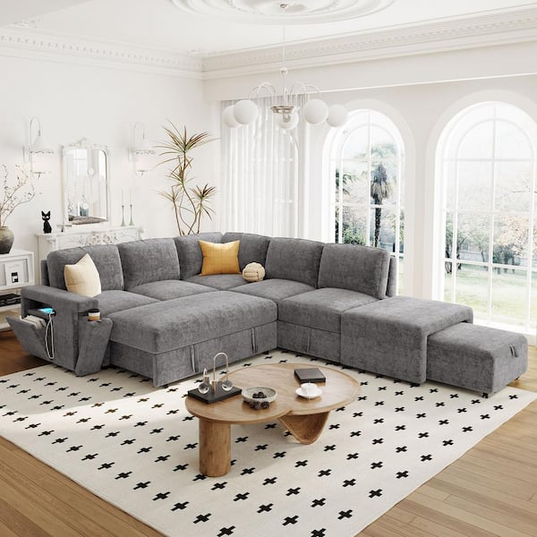 Harper & Bright Designs 90.6 in. Fabric L-Shaped Modular Sectional Sofa in Gray with USB Port, Cup Holder, Removable Ottoman, Pull-out Sofa Bed