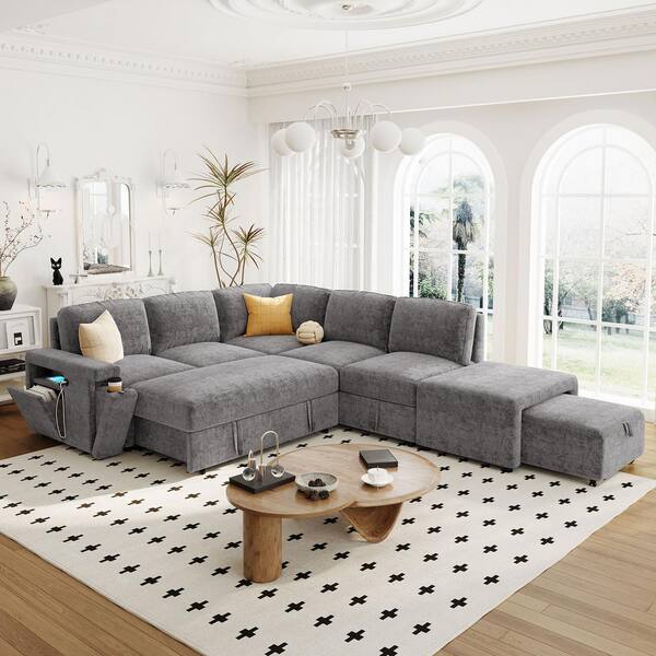 FCH L-Shaped Chenille Sectional Sofa – Mid-Century Modern Modular Couch For Living Room, 122 Inches, Solid Wood Frame