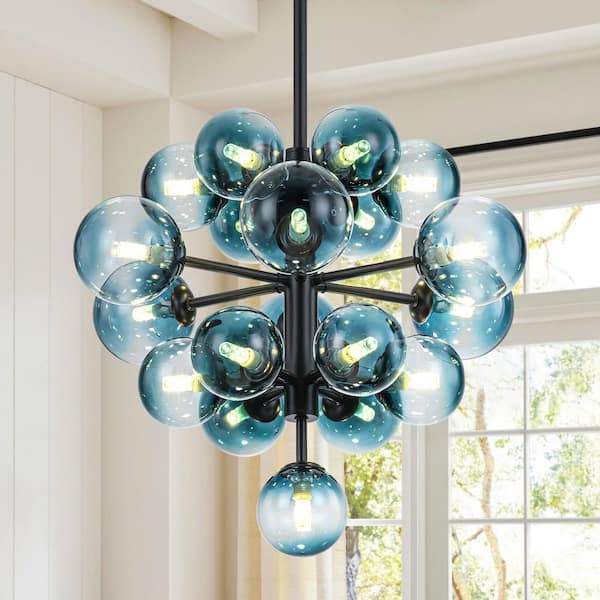 Alverstone 19-Light Modern Glam Black Tiered Cluster Gradient Blue Glass Globe Bubble Chandelier for Dining Room