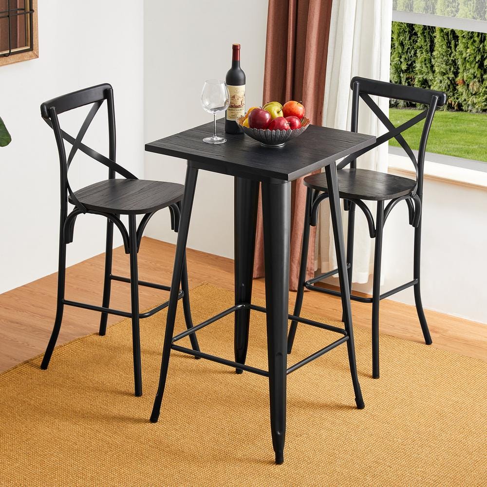 Black Steel Square Bar Table with Elm Wood Top