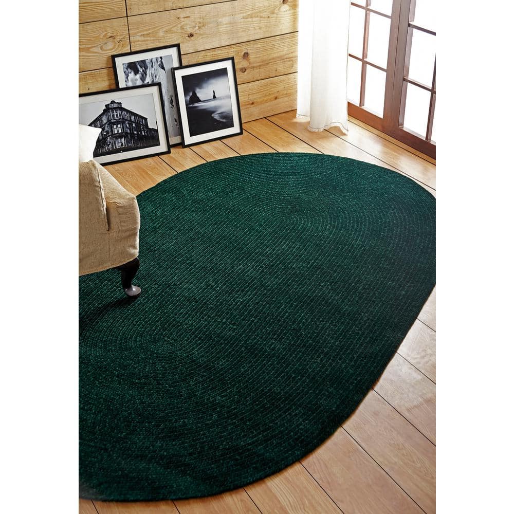 Emerald Green Oval Braided Reversible Synthetic Rug, 30" x 50"